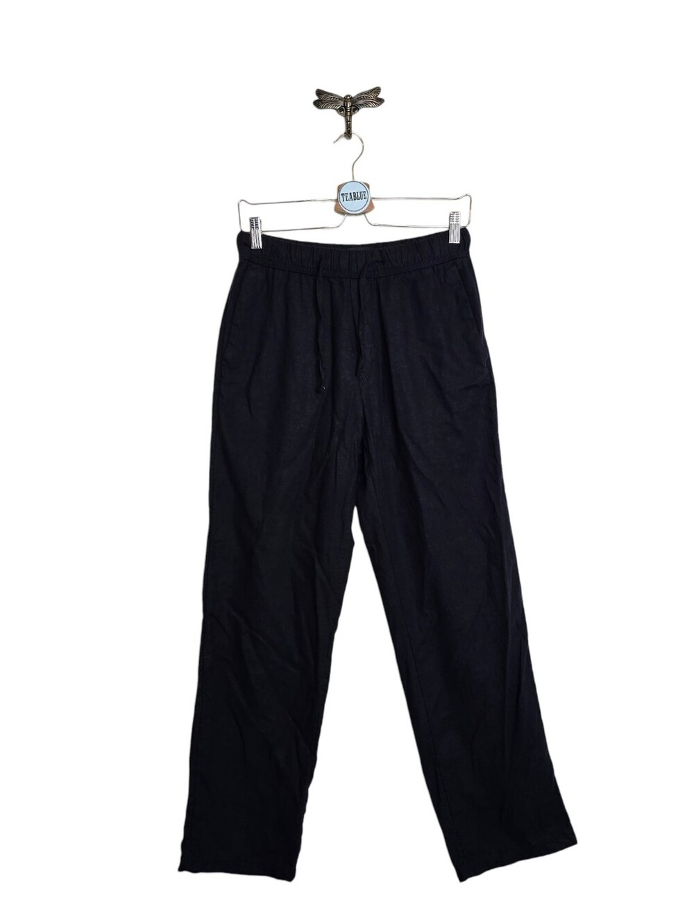 H&M Relaxed Fit Linen Blend Drawstring Pants Dark Blue Navy XS